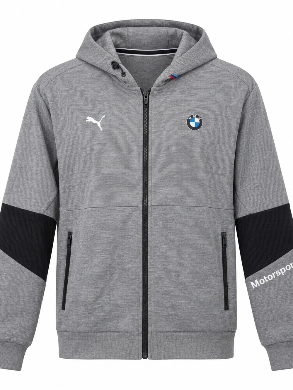 Puma Men's Grey Hooded Zip-Up Sweater with Black Sleeve Panels Size Large